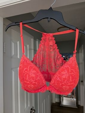 PINK Lace Bralette in Bright Coral Red 36DD Push Up